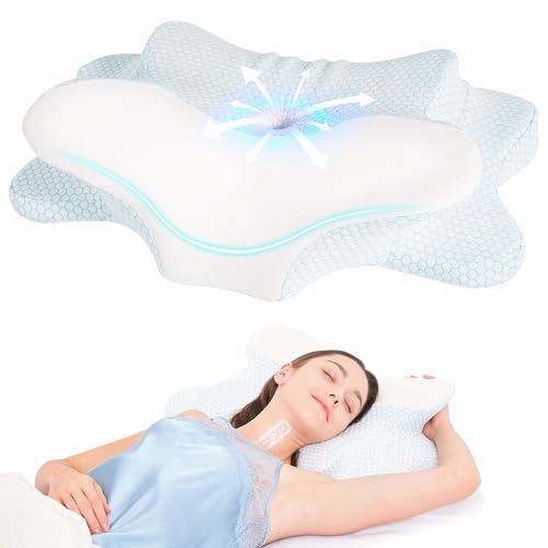 KKN Doppelhohes Halswirbel-Nackenkissen zur Schmerzlinderung, orthopädisches Konturdesign für Seite, Rücken, Premium-Komfort für erholsamen Schlaf (Blau-Weiß)