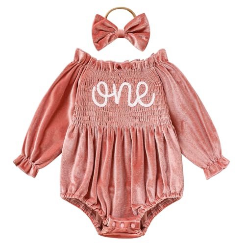 GRNSHTS Baby Girl First Birthday Clothes Velvet One Year Old Romper Long Sleeve Bodysuit+Headband 2Pcs Cake Smash Outfits