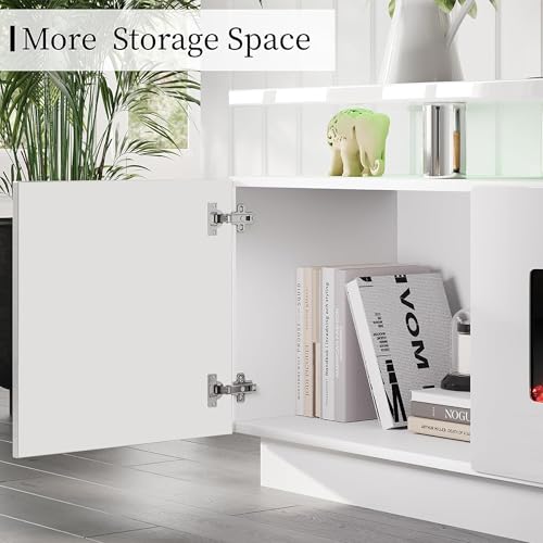 Image of AMERLIFE 80 inch High-Gloss Fireplace TV Stand with 40 inch Electric Fireplace | White LED TV Console, Modern Living Room Entertainment Center, Fits TVs up to 90 inch, 2 Cabinets, 2-Tier Storage Space