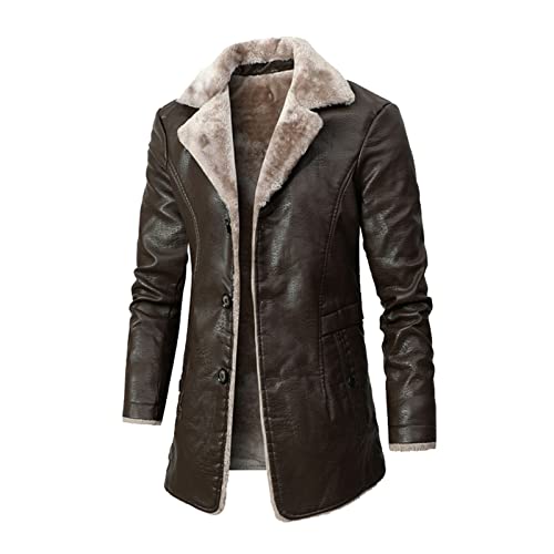 Ymosrh Men's Leather Coats Faux Sherpa Lined Bomber Jacket Winter Warm Turn-Down Collar Coats Jacket, M-5XL