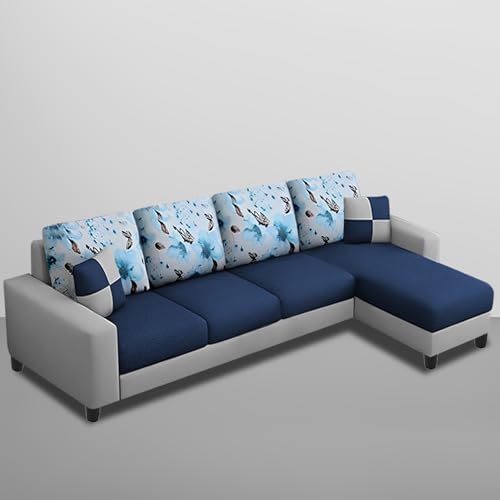 Image of Casaliving - Rolando 6 Seater L Shape Sofa for Living Room with 2 Puffy | Color - Blue Grey | Right Side Sofa (Wood)