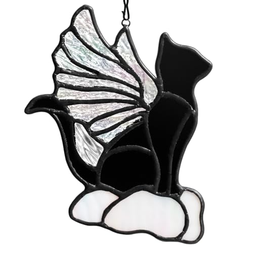 EPOGIFTS Stained Glass Black Cat Suncatcher Decor,Iridescent Angel Wing Cat Loss Sympathy Gift for Women,Stained Glass Window Hangings,Pet Memorial Gifts Remembrance Gifts