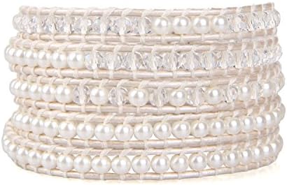 KELITCH Pearl Crystal Beads Bracelets Handmade Natural Leather 5 Wrap Bracelet for Women Classic Bangle Jewelry