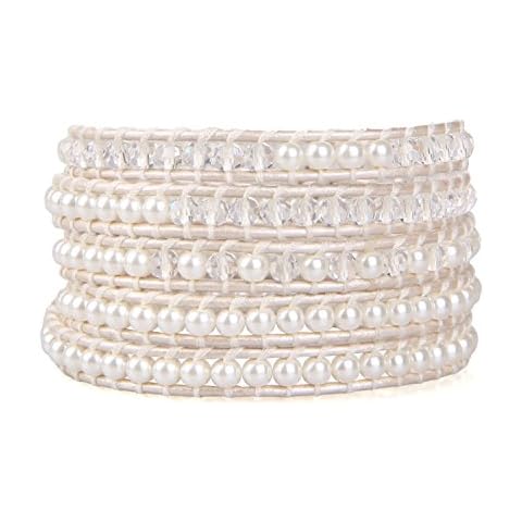KELITCH Pearl Crystal Beads Handmade Leather Wrap Bracelet Cover