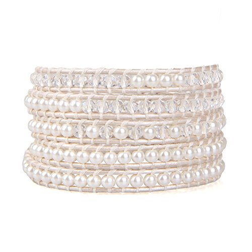Kelitch Pearl Crystal Beads Bracelets Handmade Natural Leather 5 Wrap Bracelet For Women Classic Bangle Jewelry #TOP30