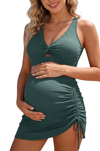 SHEKINI Damen Umstandsbadeanzug Zweiteiliges Set mit gerafftem Oberteil und Badeshorts(X-Large, Blau Grün)