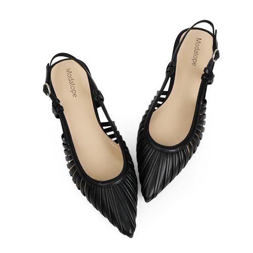 Modatope Slingback Flats for Women Pointed Toe Ballet Flats Classic Low Heel Sandals Dress Shoes, Black, 4.5 UK