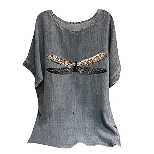 Fqzwong Summer Tops For Women,Cotton Linen Short Sleeve Bohemian Casual Tee T Shirts Going Out Tops Trendy Loose Fitting Comfy Crew Neck Holiday Tunic Tops Blouse Plus Size(A Gray,X-Large) #TOP7