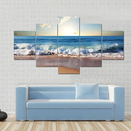 Grand tableau decoration murale salon avec cadre paysage de plage et vagues