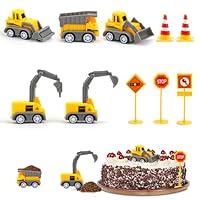 Baustellenfahrzeuge Kinder, 10 Stück Bagger Tortendeko, Mini Bagger Kuchendeko Spielzeug mit Verkehrsschildern, Baufahrzeuge für Geburtstag Junge Mädchen 2 3 4 5 Jahre
