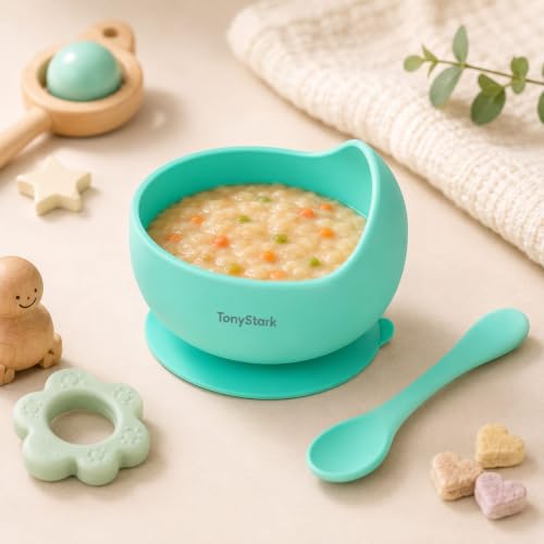 Image of TONY STARK Silicone Unbreakable Baby Bowl & Handle Spoon - Suction Design, Non-Slip, BPA Free, Dishwasher & Microwave Safe (Cyan, 2 Piece Set)