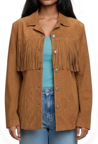 Womens Western Suede Fringe Coat Genuine Leather Cowgirl Jacket with Button Closure Vintage Frontier Style