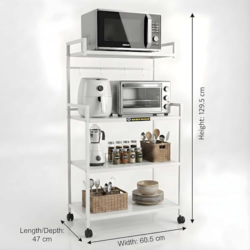 Image of 4-Tier Microwave Oven Stand with Wheels | Heavy-Duty Metal Kitchen Storage Rack for Microwave, OTG, Air Fryer & Appliances | Multipurpose Organizer Trolley (MS 4 White)