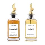 Modernes Küchenzubehör: Minimalismus inspiriert Kochöl Spender Flasche. Dieses Set enthält zwei hochwertige 350 ml Glasflaschen, zwei goldene Ausgießer, einen Trichter und ein Set mit 20 wasserfesten Premium-Etiketten.