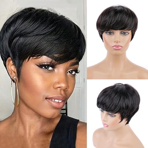 Huarisi Short Layered Pixie Cut Wig with Bangs Human Hair fo