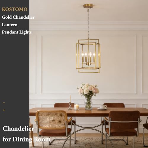 KOSTOMO Gold Chandelier Dining Room Light Fixture Lantern Chandeliers Iron Farmhouse Pendant Light Rustic Rectangle Adjustable Height Modern Kitchen Light for Living Room Entryway by KOSTOMO - Used condition - Image 7