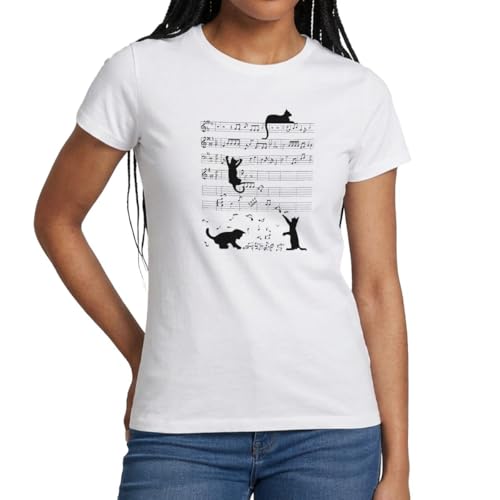 Spreadshirt Clef De Musique Chaton Chat Notes Partition Humour T-Shirt Femme, L, Blanc