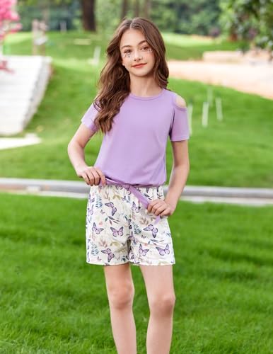 Image of Arshiner Girls Short Sets 2 Pieces Outfits Short Sleeve Tie Knot T-Shirts and Casual Shorts With Pockets Cute Clothes Sets