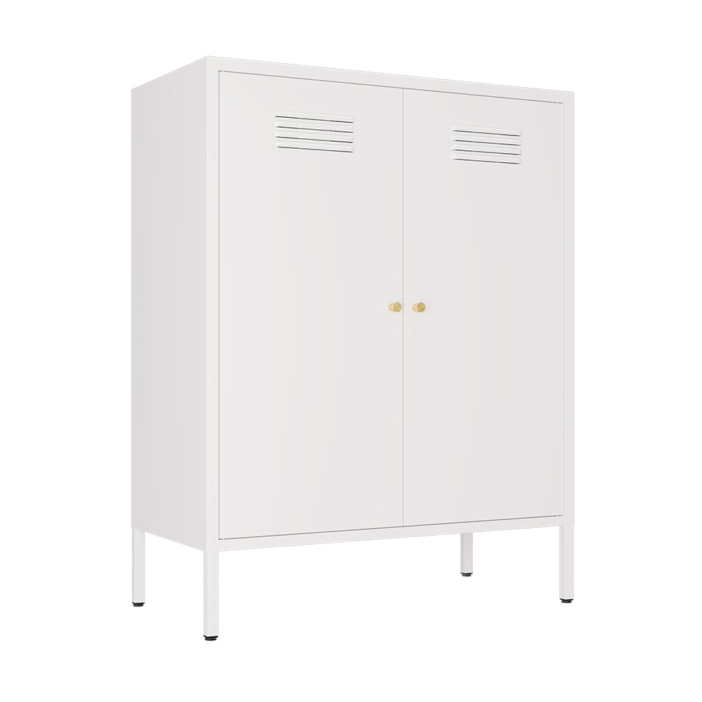LINGZOE White Metal Locker Storage Accent Cabinets with 2 Adjustable Shelves, 3 Tier Metal Storage Cabinet with Legs, Steel Cupboard Lockers for Home,