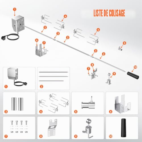 Yapasopu Universel Rôtissoire pour Barbecue Kit 3X brochettes Aiguilles et Moteur en Acier Inoxydable Lunghezza regolabile 56-134cm 3RPM Barbecue Rôtisserie Set kit de rôtisserie tournebroche – vue 6