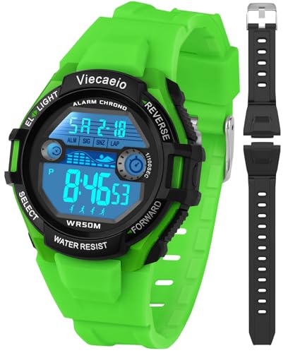 Image of Kids Digital Watch for Boys Girls,2 Interchangeable Silicone Straps, 50M Waterproof & Shockproof Sports Watch with 7-Color LED Backlight, Alarm, Stopwatch, Calendar (Ages 5-18) (Black with Green)