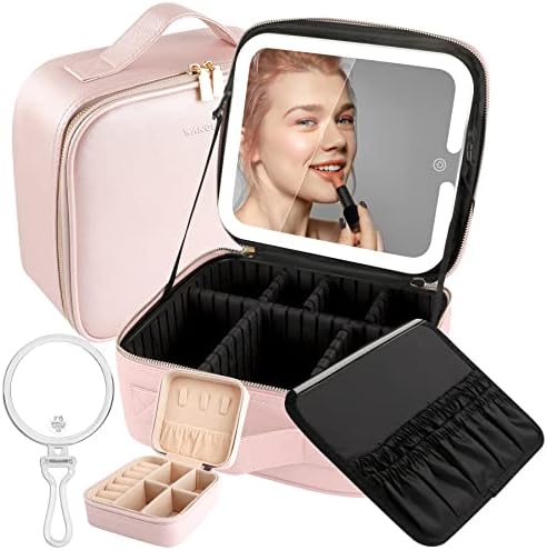 Wangselect Lighted Makeup Case with Full-screen HD Mirror Travel Makeup Train Case with Adjustable Dividers Cosmetic bag with Foldable 1x/10x Magnifying Mirror and Jewelry Box Phosphor