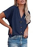 Picture of Dokotoo Women's Waffle Knit Shacket Short Sleeve Button Down Shirts Boyfriend V Neck Loose Fit Cropped Cardigan Hoodies Lightweight Solid Basic Blue Blouses for Women Small