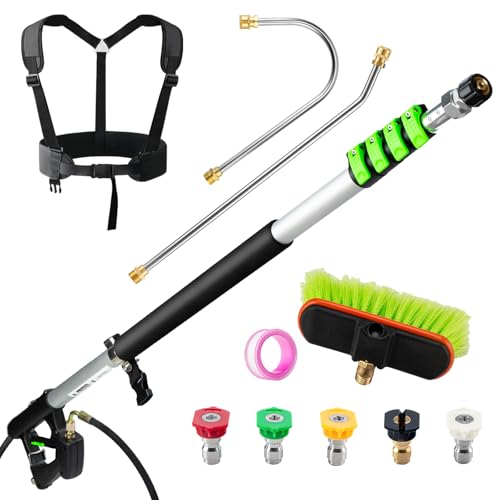 TOR 24 FT Telescoping Pressure Washer Wand with Pressure Washer Extension Wand Gutter Cleaner Attachment Pressure Washer Telescoping Wand with 5 Spray Nozzle Tips 2 Hose Inlet Adapters Brush Head