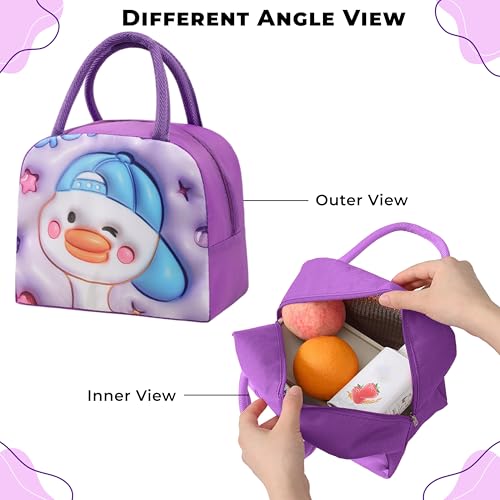 Image of Kraptick Compact & Stylish Design Printed Tiffin Bag for Children Insulated Lunch Bag for Kids Perfect Leakproof Keeps Hot and Cold Lunch Bag for School (Purple Trendy Cool Duck)