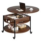 FABATO Round Lift Top Coffee Table with Wheels, Circle Center Table with Storage and Compartment, 26.77’’ Rolling Coffee Table for Living Room, 2 Tier Small Coffee Table Circle Dining Table, Espresso