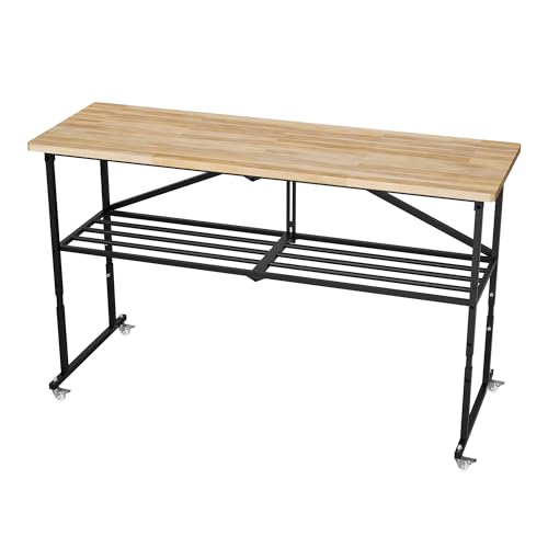 Heavy-Duty Folding Butcher-Block Workbench- Portable Wood-Top Utility Table w/Locking Casters & Quick-Collapse Steel Frame