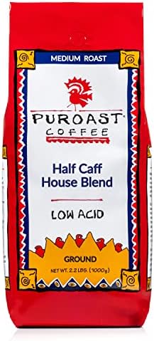 Puroast Low Acid Coffee Ground Bold Half Caff House Blend, Medium Roast, Certified Low Acid Coffee, 5.5+ pH, Gut Health, 2.2 LB, Higher Antioxidant, Smooth for Espresso, Iced Coffee