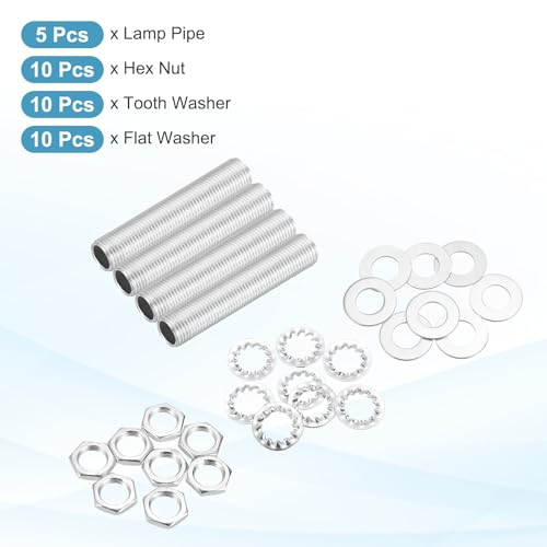 Image of MECCANIXITY 35Pcs 2 inch Lamp Pipe Nipples Kit with Hex Nuts Washers, M10 Fine Threaded Hollow Tube Repair Hardware Fasteners Assortment for Assembly Chandelier Ceiling Lamp DIY, Silver