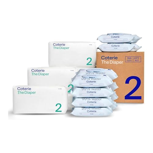 Image of Coterie Baby Wipes + Diapers Kit, Size 2 Diapers (186 Count) & 12 Pack (672 Count) Baby Wipes with 99% Water, Plant Based Materials, Hypoallergenic for Sensitive Skin