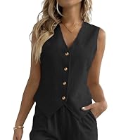 Fakanhui Damen-Weste, Leinen, V-Ausschnitt, Knopfleiste, Business, Arbeit, Urlaub, ärmellos, Blazer, Weste, Jacke, Schwarz, XX-Large