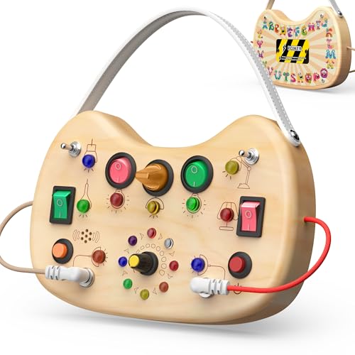 Image of UdoUto Montessori Wooden Busy Board for Toddlers with LED Light Lights & Switches,Portable Activity Board for Car & Airplane Travel Toys, Christmas & Birthday Gift for 1-3 Year Old Boys & Girls