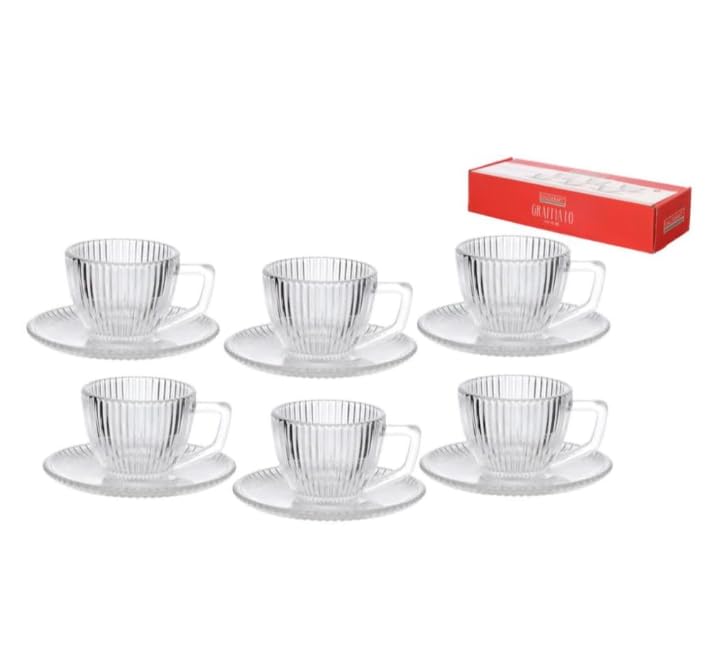 Jogo 6 Xicaras de Café c/Pires em Vidro Graffiato 230ml Hauskraft (Modelo Canelado Frisado Riscado)