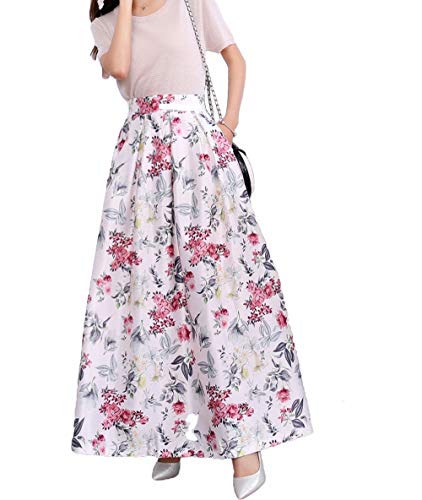 Chowsir Women Vintage Elegant Flare Stretchy Maxi A Line Skirts Floral Print with Pockets