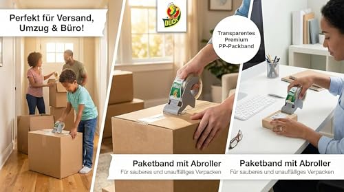 Duck Easy Start Packband Transparent inkl. Abroller - Paketklebeband sofort einsatzbereit, kein Suchen des Anfangs, für Umzugskartons & Versand, stark, 48mm x 45m