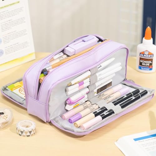 Image of Large Capacity Pencil Box for Girls & Boys, 3 Compartments Pen & Pencil Pouches, Aesthetic Stationery Pouch for School Kids College Students, Cute Stationary (Purple)