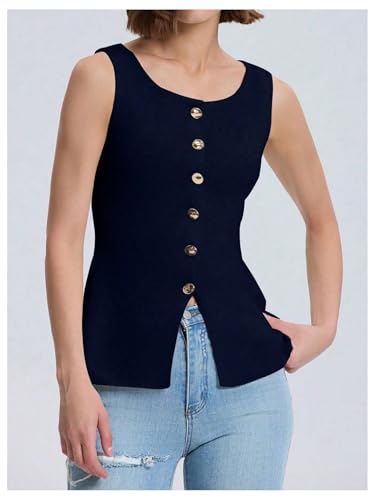 Verdusa Women's Button Front Blazer Rib Knitted Vest Scoop Neck Slit Sleeveless Top3