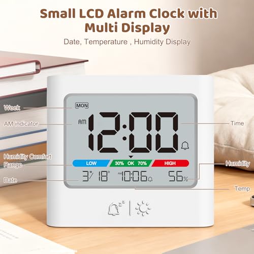 ALANAS Small Battery Alarm Clock, Portable Pocket Size Travel Alarm Clock,Date Temperature Humidity Display, Snooze, Backlight, Wall Mountable, for Student Dorm, Desk, Shelf - Image 2