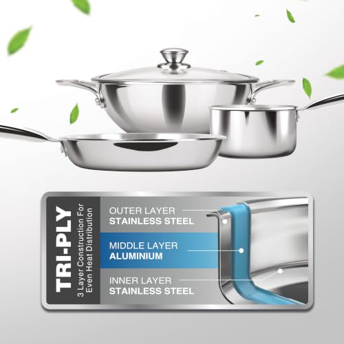 Image of MILTON Pro Cook Induction Cookware & Gas Stove Friendly Triply Stainless Steel 4 Pcs Cookware Set | 22cm Kadai With Glass Lid, 22cm Fry Pan & 14cm Saucepan | Even Heating | ISI Certified | 3Y Warranty