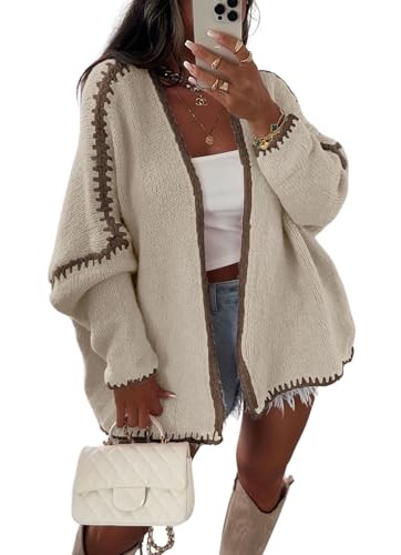 chouyatou Women Fall Open Front Color Block Cardigan Sweater Casual Striped Chunky Knit Oversized Cardigan