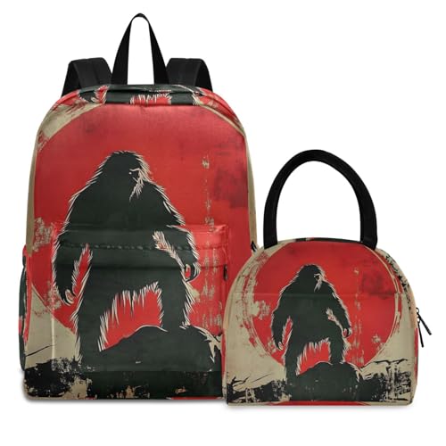 Gorilla Sunset Print Backpack Set with Lunch Bag, Large Capacity Travel Backpacks and Lunch Box Insulated for Commute Hiking Picnic