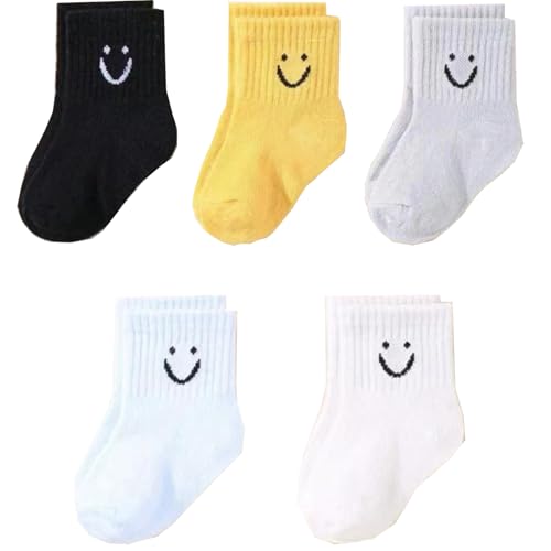 Toddler Boys Girls Crew Socks, Smiley Face Unisex Kids Soft Cotton Solid Color Dress Ankle Socks, Pack of 5