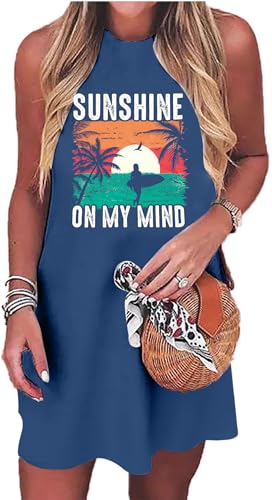 Image of MYHALF Summer Tank Dress for Women Sleeveless Beach Vacation Sundress Short Coconut Tree Sun Dress Casual Coverup