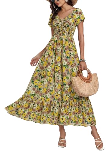 Image of Summer Smocked Boho Maxi Dress for Women 2026 Short Sleeve Floral Smocked Flowy Ruffled Beach Vacation Dresses Lightweight