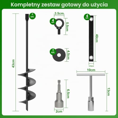 Ciężkie Kotwy Gruntowe ze Stali Nierdzewnej, Zestaw 4x45 cm, z Taśmami i Narzędziami, do Trampoliny namiotu pawilonu wiaty huśtawki, zestaw przeciwwiatrowy, czarny