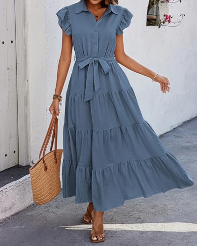 dowerme Women's Summer Casual Dresses 2026 Cap Ruffle Sleeve V Neck Button Belted Tiered Boho Maxi Dress with Pockets(Grey Blue,XX-Large) — view 6